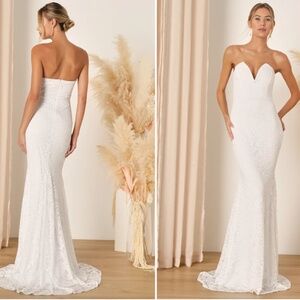 LULU's Sexy Elegant Bridal Wedding Floral Lace Bustier Sophisticated Maxi Gown